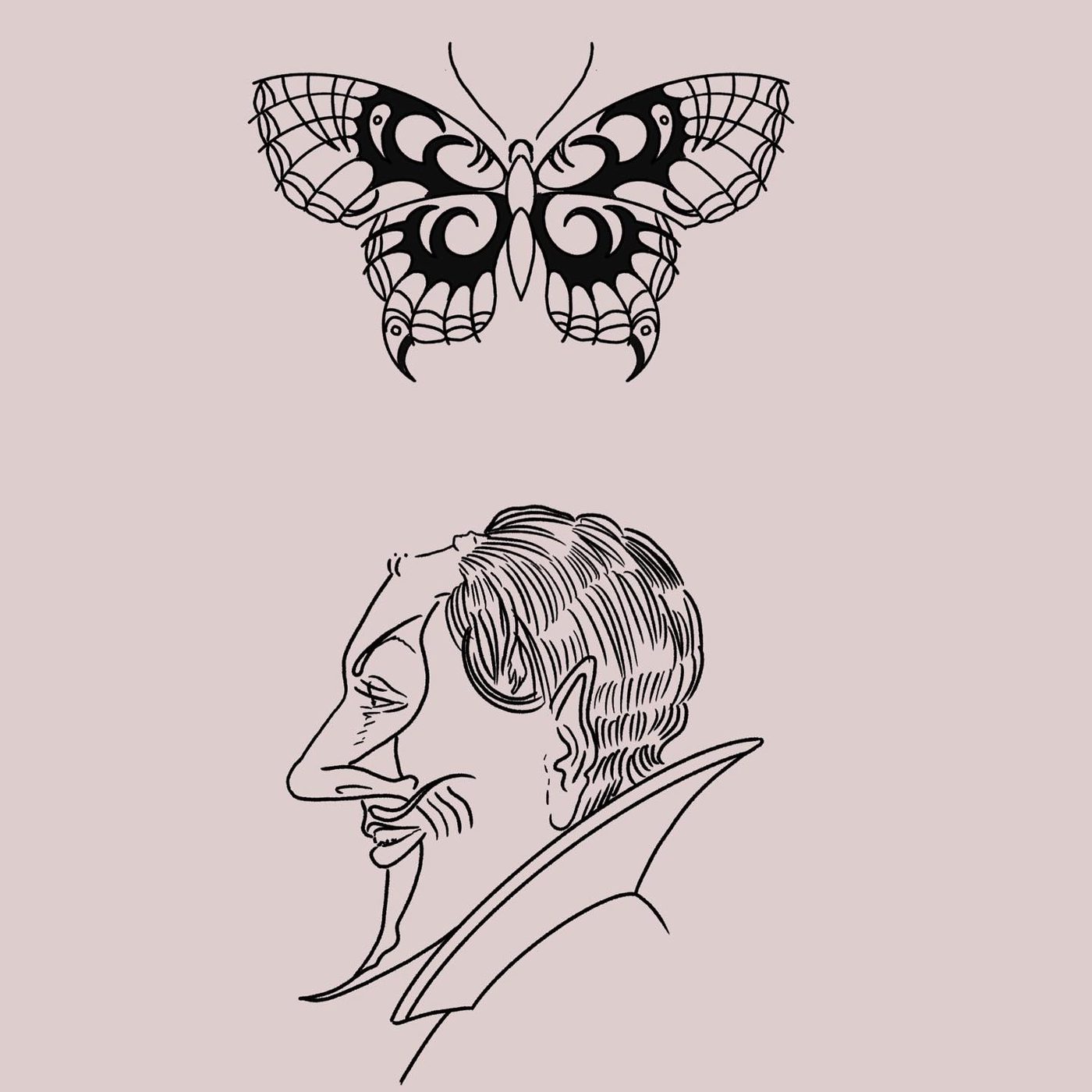 Linework flash of an ornate butterfly and a profile portrait