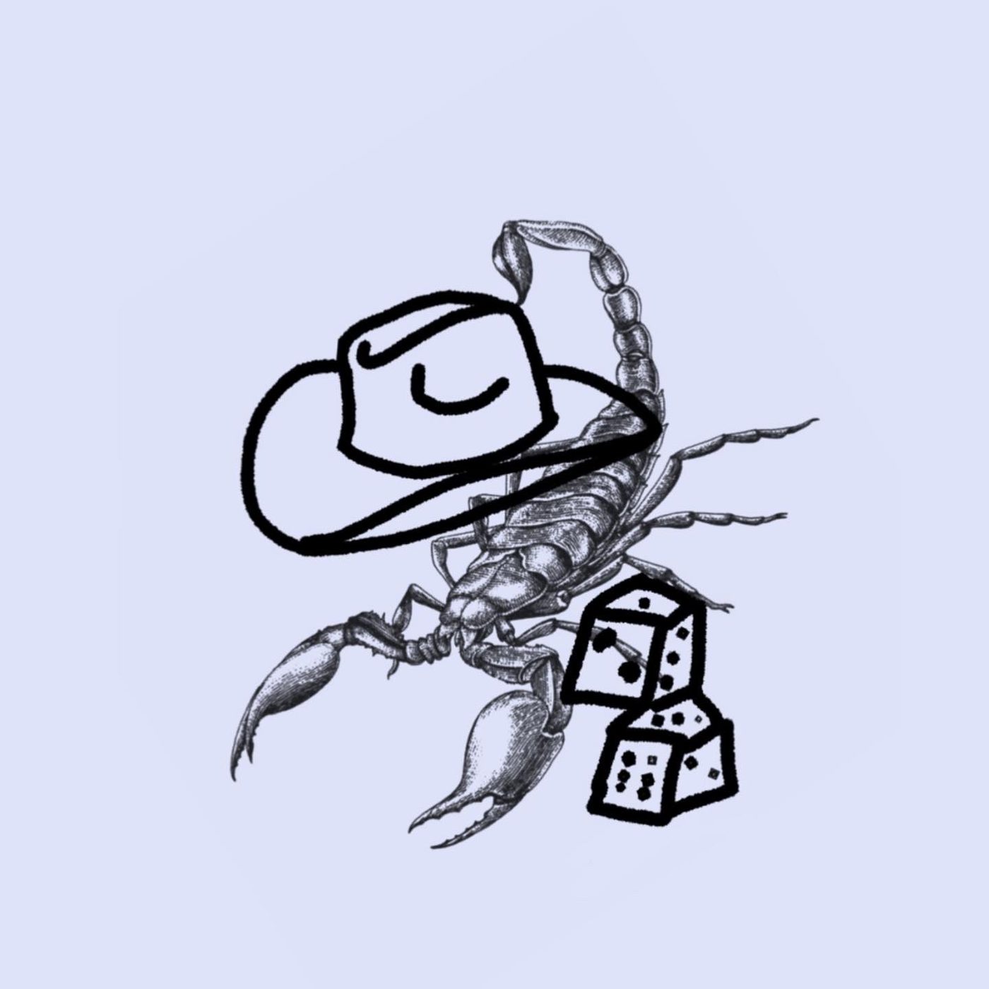 Scorpion wearing a cowboy hat beside a pair of dice