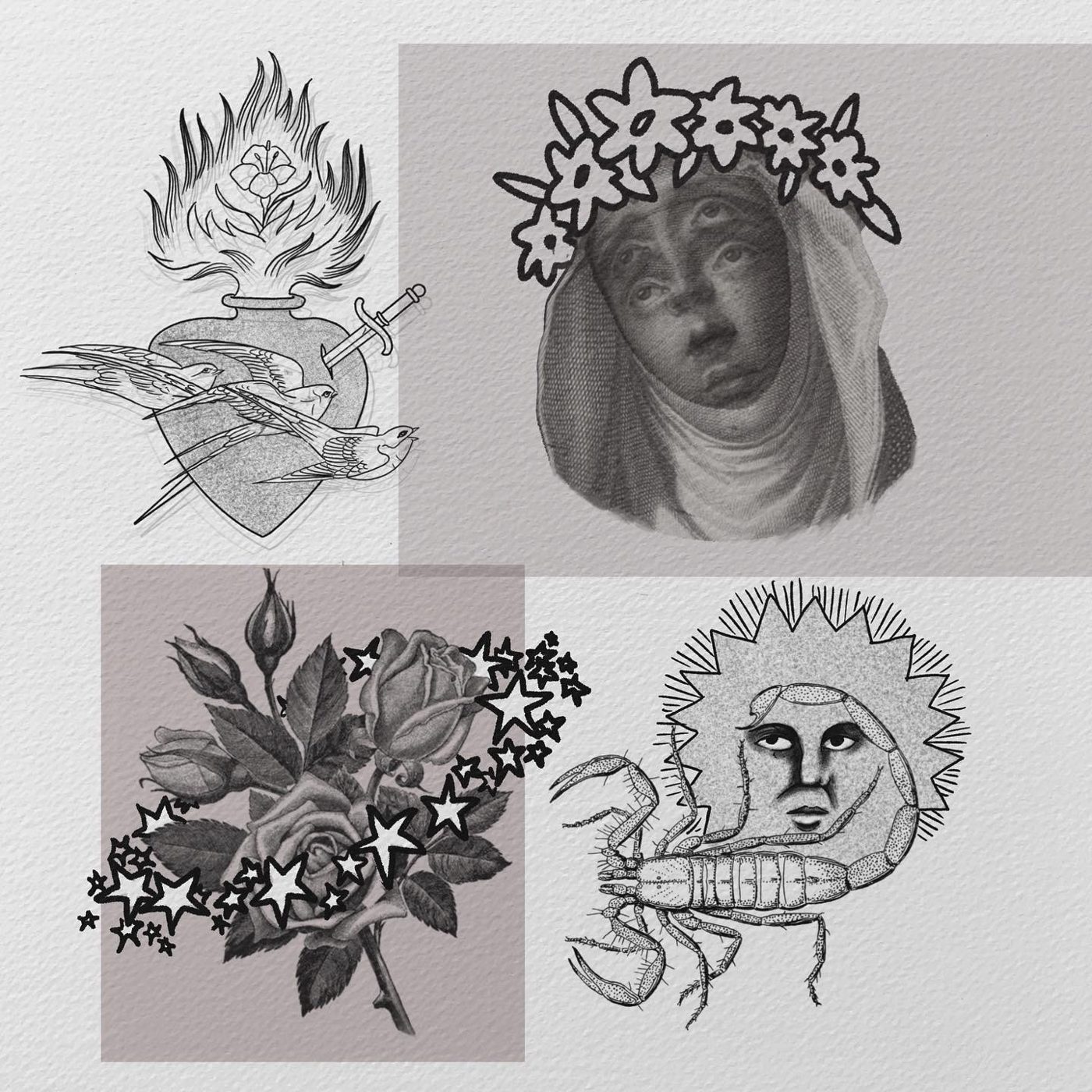 Flash sheet with a flaming sacred heart and swallows, a veiled figure with many eyes, roses with stars and a scorpion with a sun face