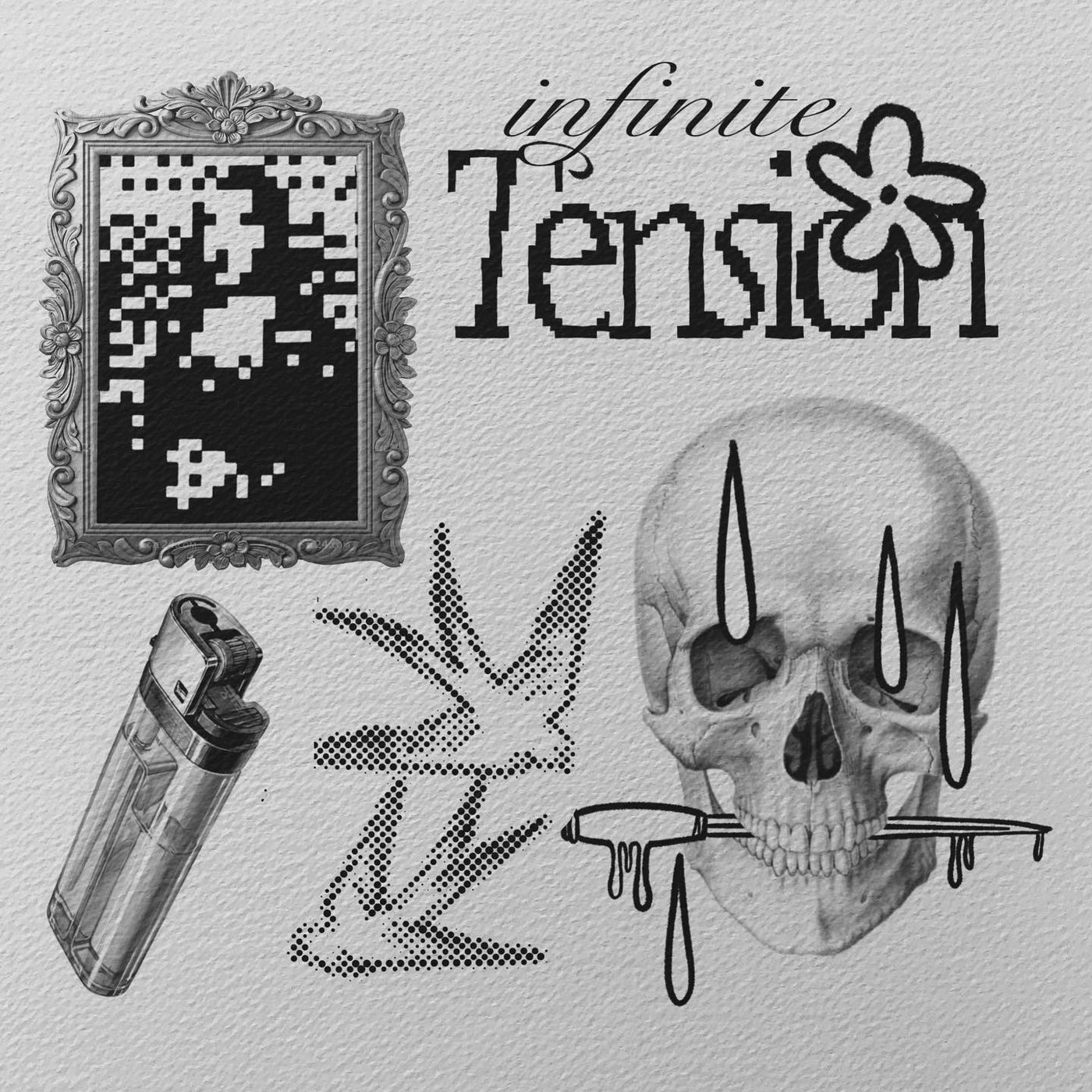 Flash sheet with framed pixel art, lighter, bird, lettering and a pierced skull