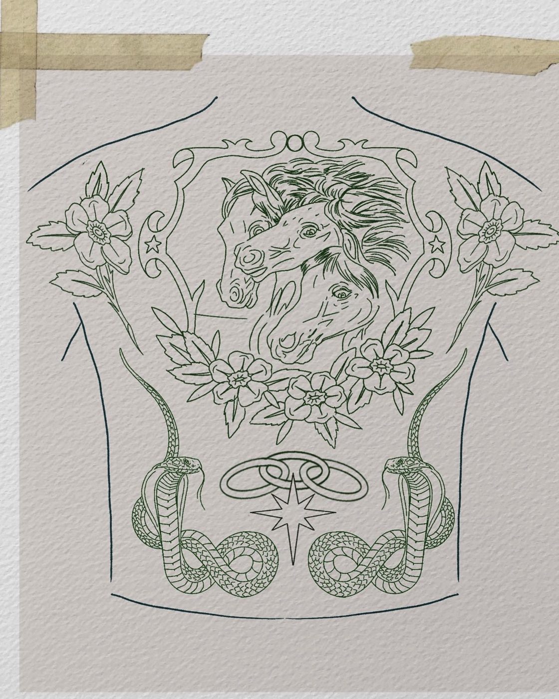 Line drawing back piece design of three horse heads in an ornate crest with flowers and two cobras
