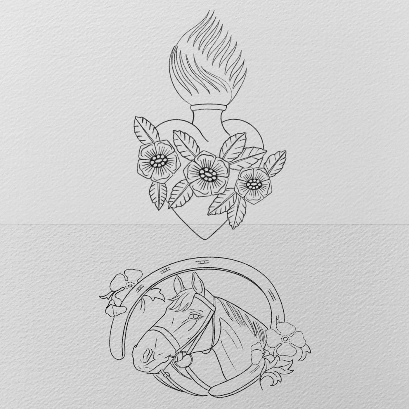 Linework flash of a floral sacred heart and a horse inside a horseshoe