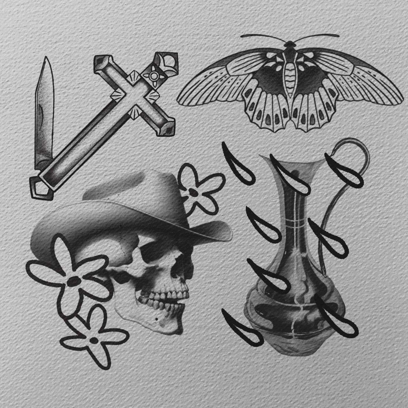 Flash sheet with cross and knife, moth, cowboy skull and glass vase