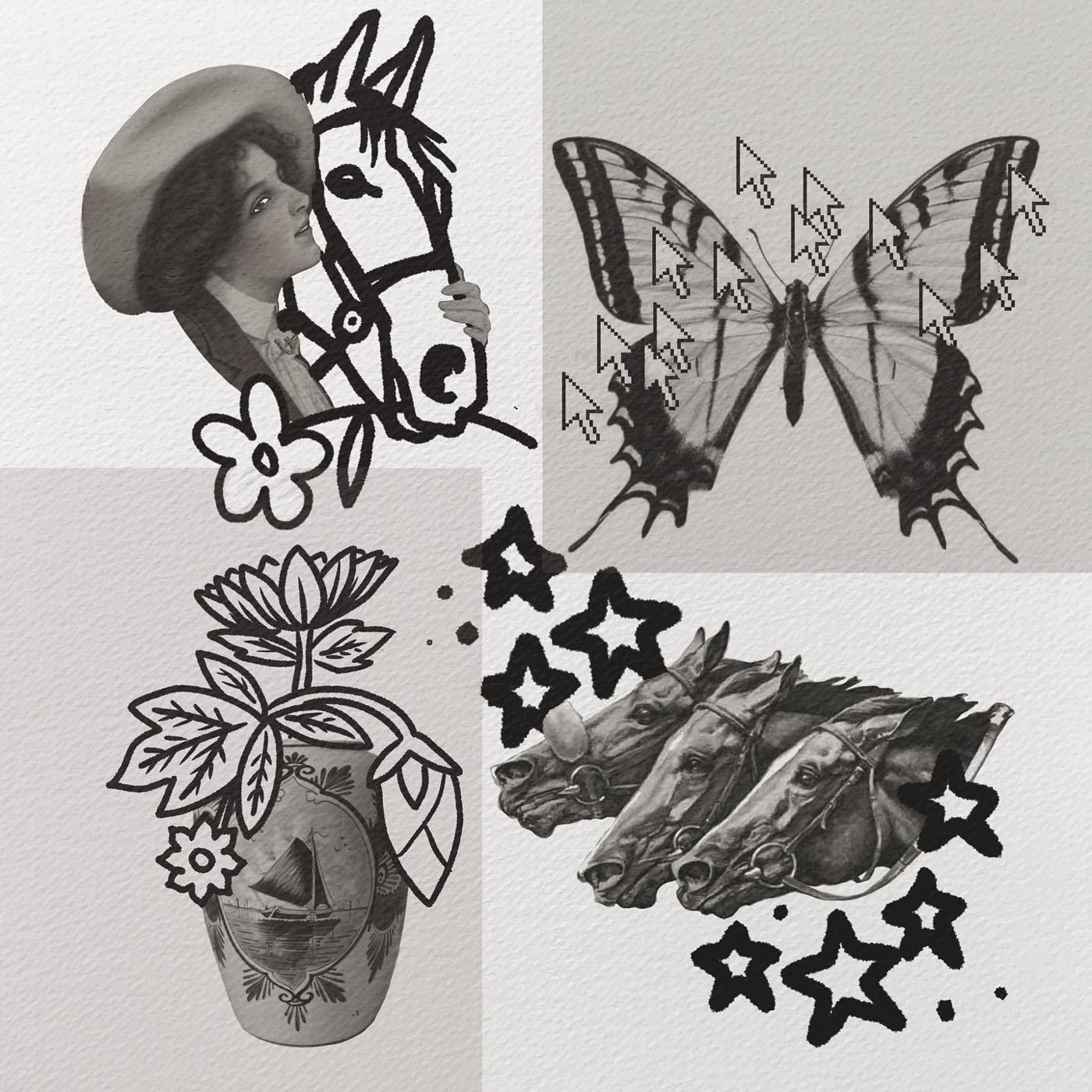 Flash sheet with a woman and horse, a butterfly with pixel cursors, a flowering vase and racehorses with bold stars