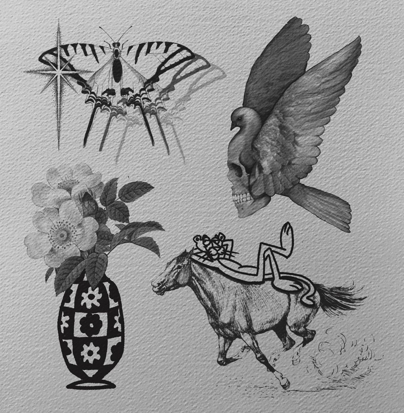 Flash sheet with a moth, bird on a skull, flower vase and galloping horse