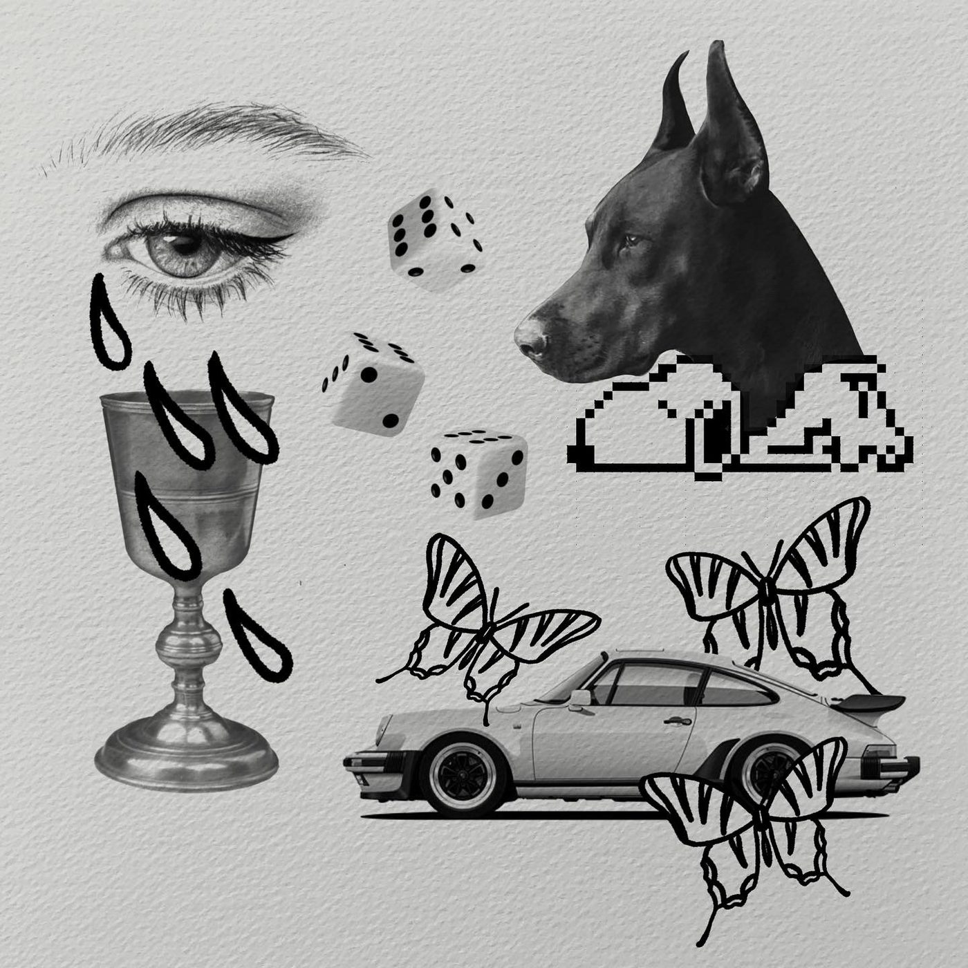Flash sheet with an eye, dice, Doberman, pixel dog, goblet, Porsche and butterflies