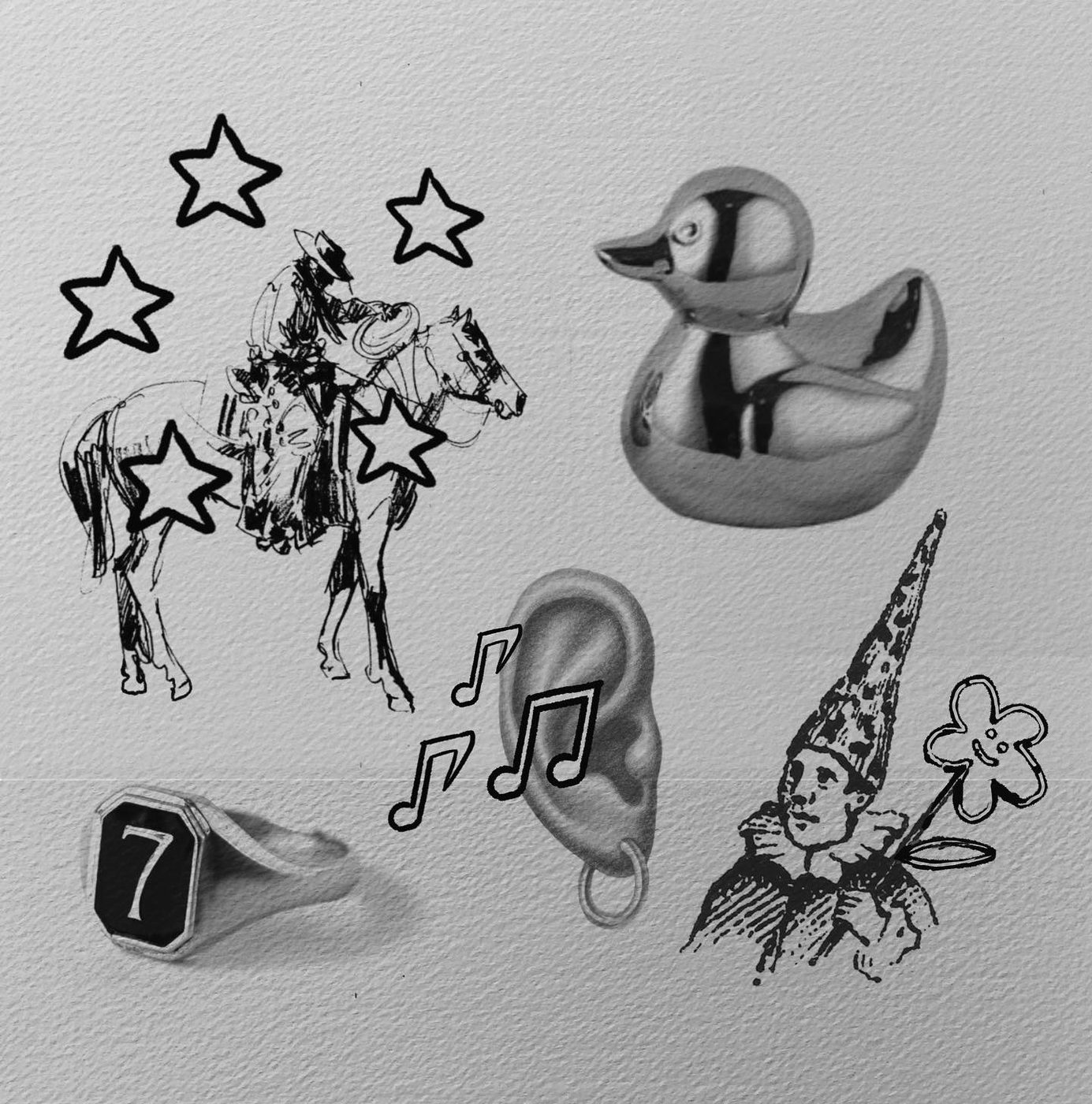 Flash sheet with a cowboy, toy duck, signet ring, musical ear and clown