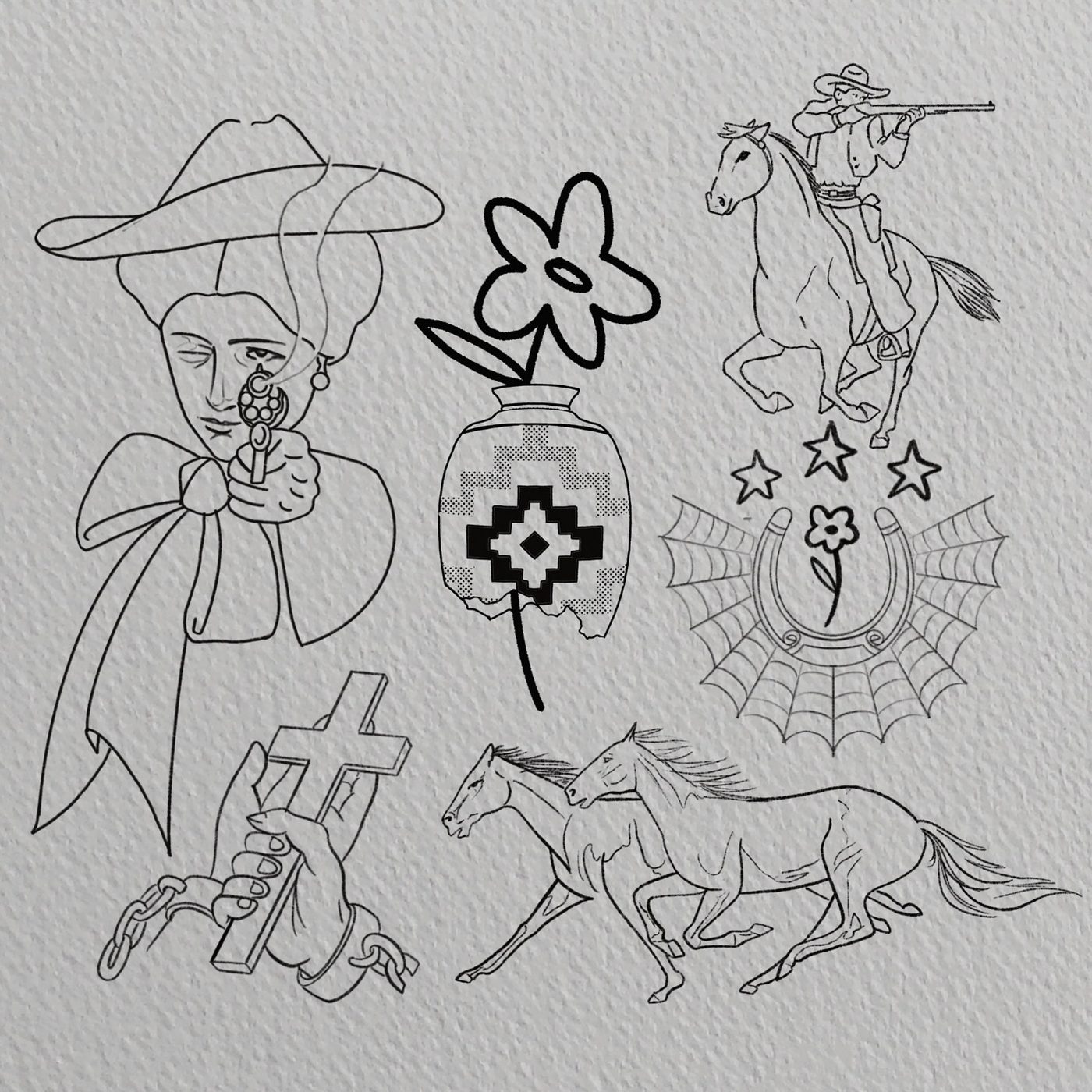 Western flash sheet with cowgirl, vase, mounted rider, horseshoe, cross and running horses