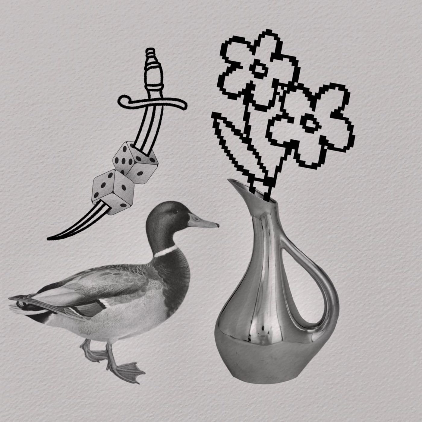 Flash sheet with a dice dagger, mallard duck and flowers in a metal vase