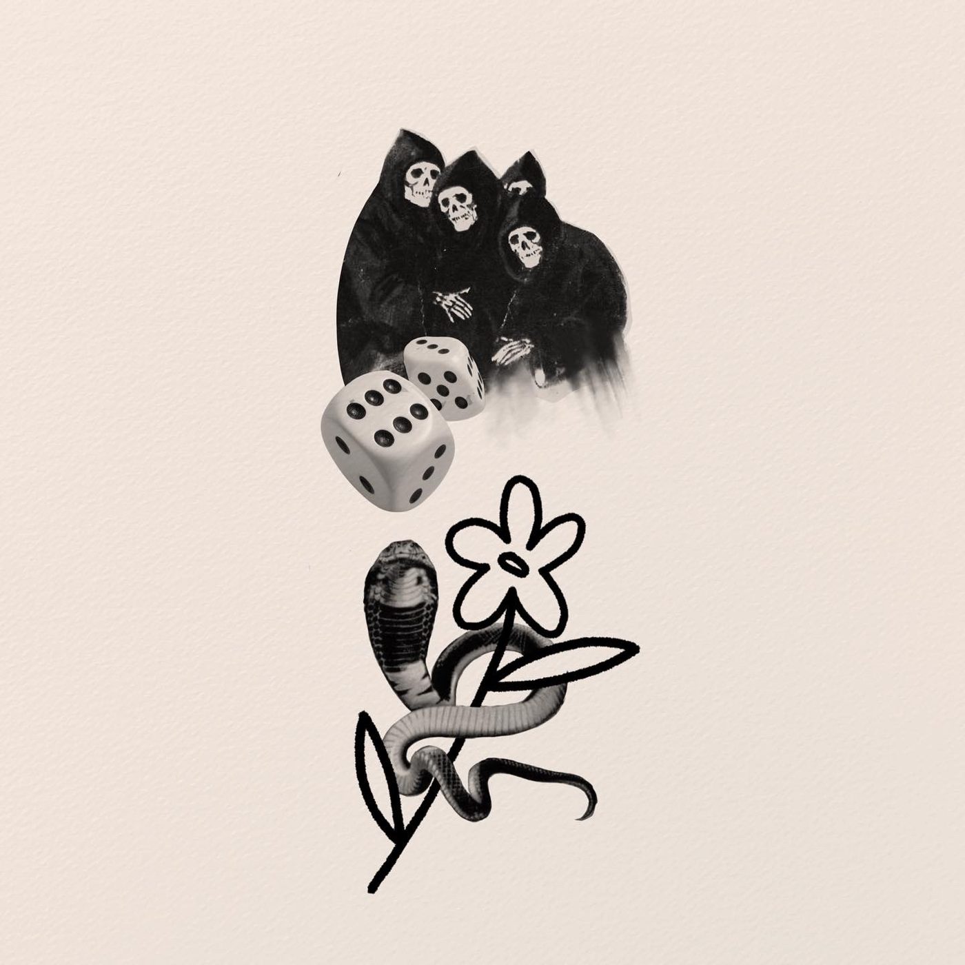 Flash sheet with three hooded reapers, dice and a cobra around a flower