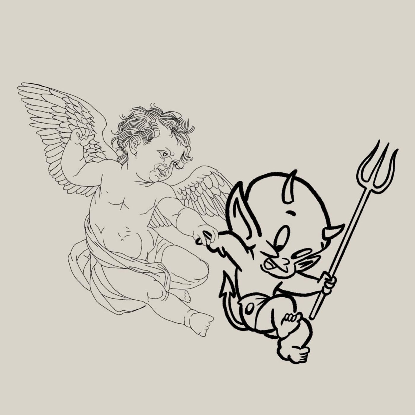 Linework cherub chasing a small devil carrying a trident