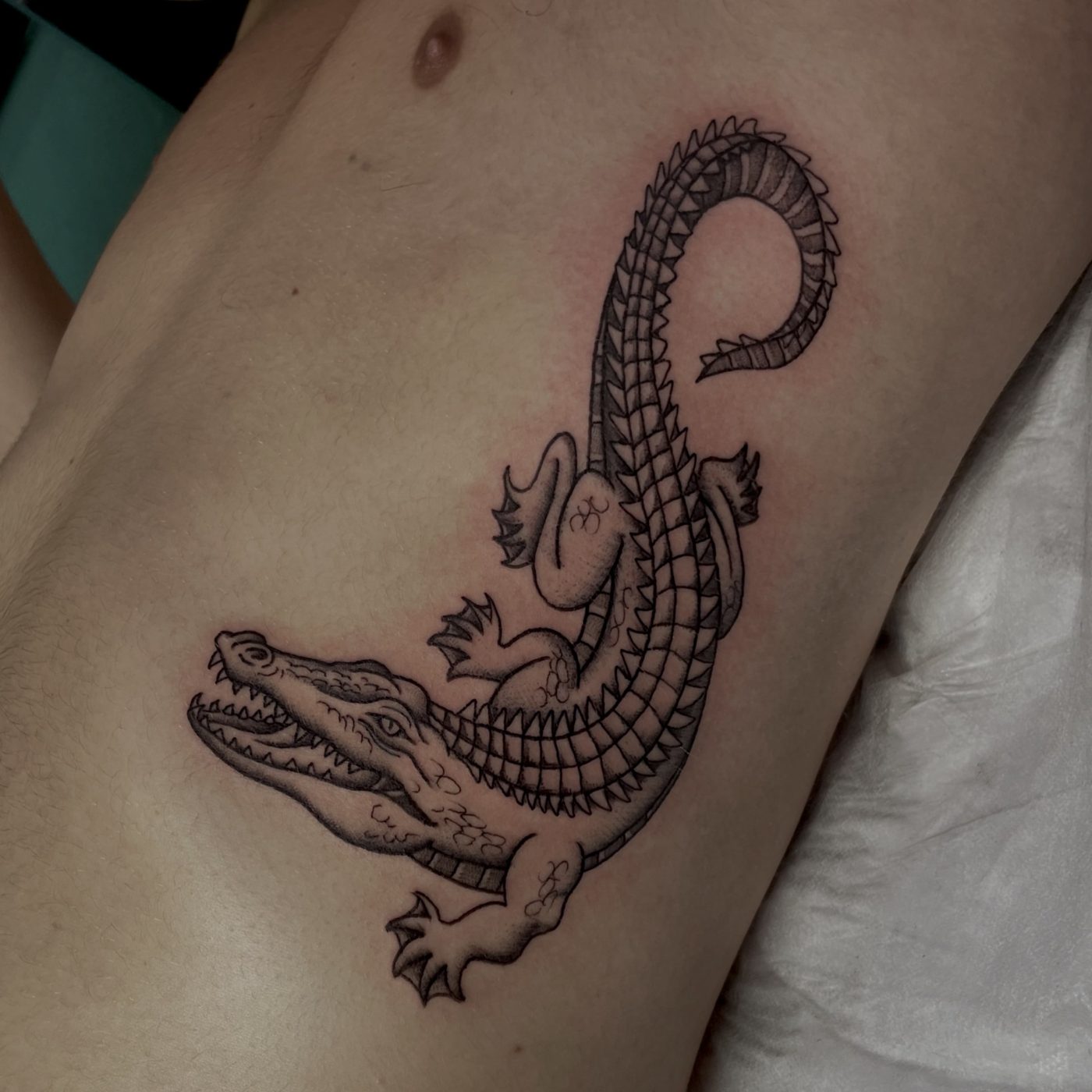 Dotwork chest tattoo of an alligator curling into a crescent shape with detailed scales