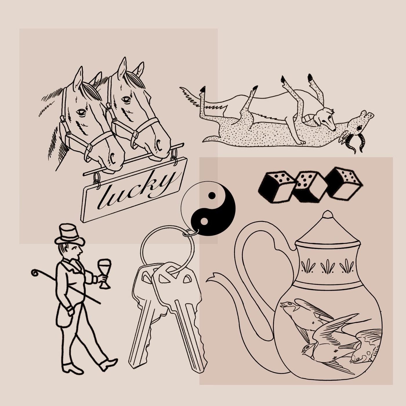 Flash sheet with lucky horses, a rolling dog, dice, a yin yang keyring, a top hat gentleman and a bird teapot