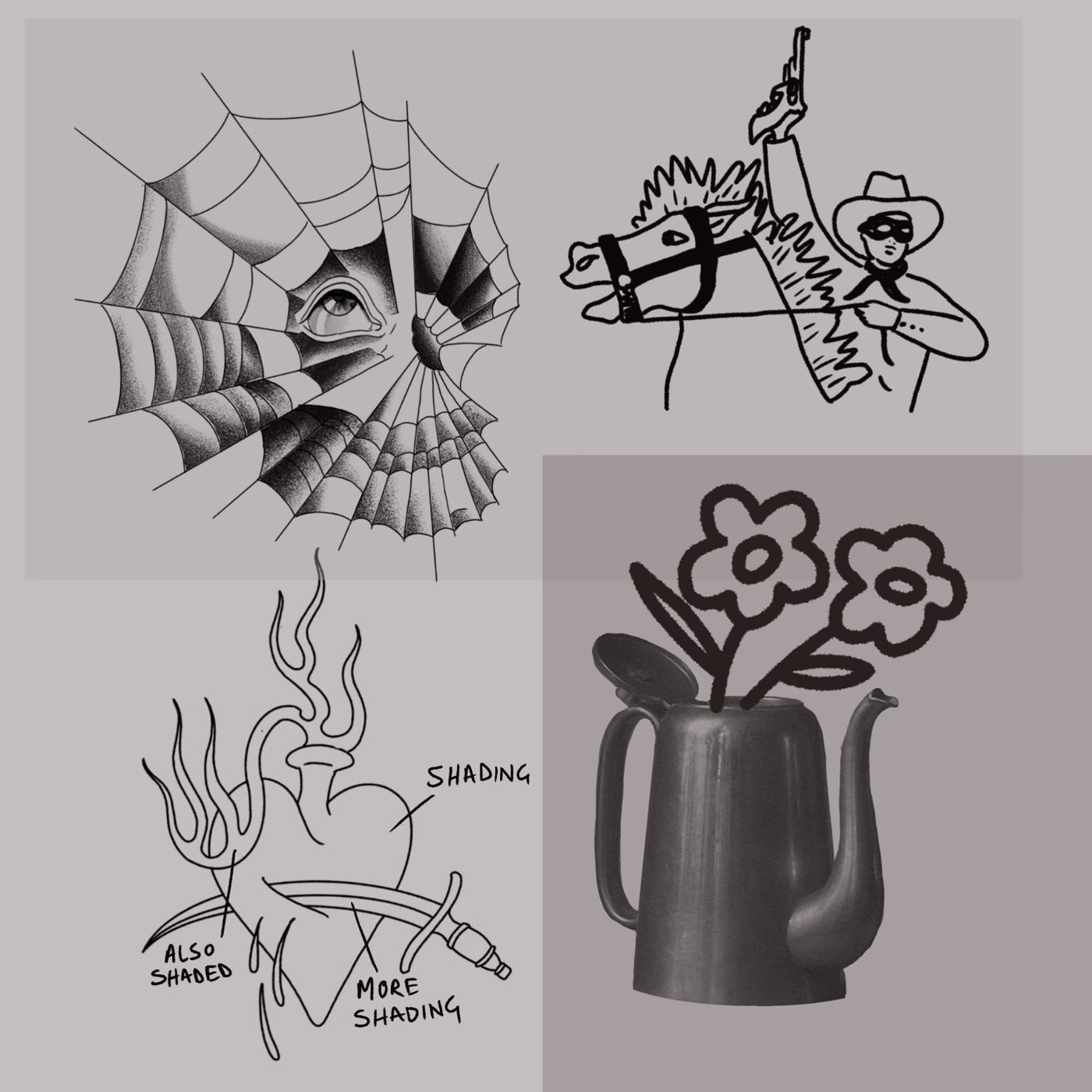 Flash sheet with a spider web and eye, a masked cowboy on horseback, a sacred heart and a teapot of flowers