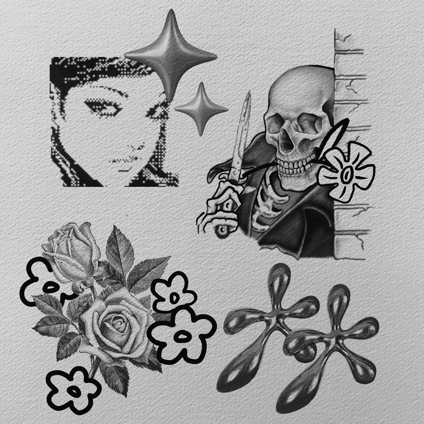 Flash sheet with a pixel portrait, skull and knife, roses and metal jacks