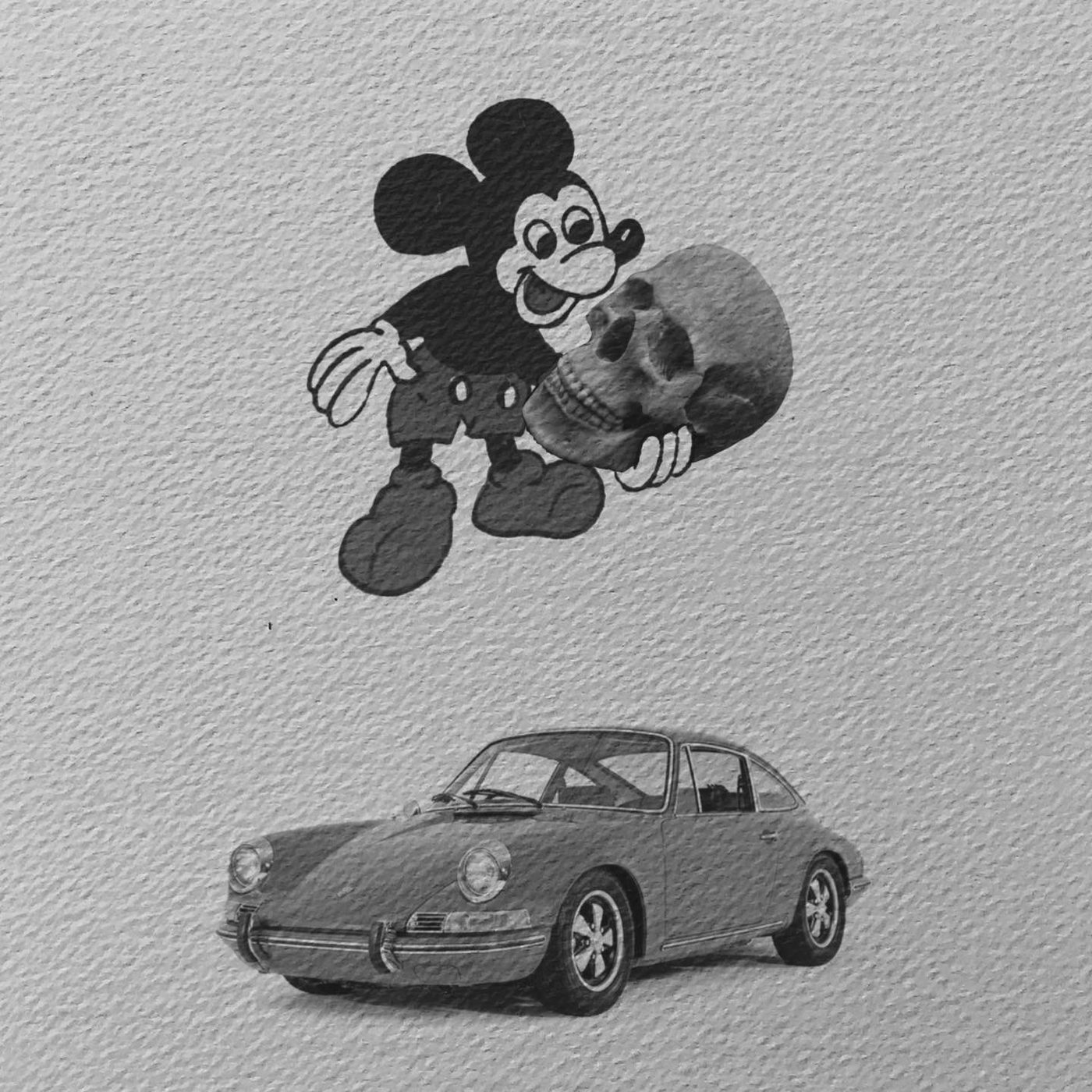 Flash sheet with Mickey holding a skull and a classic Porsche
