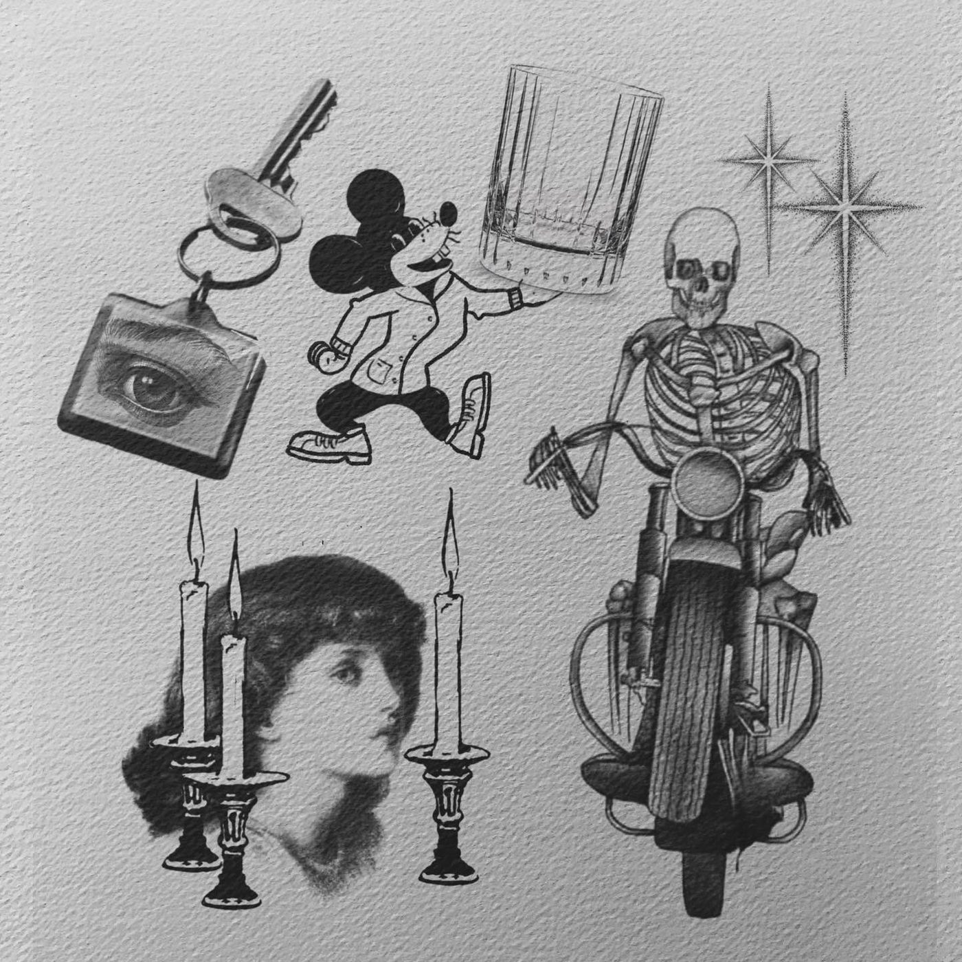 Flash sheet with an eye keyring, Mickey, portrait with candles and skeleton motorcyclist