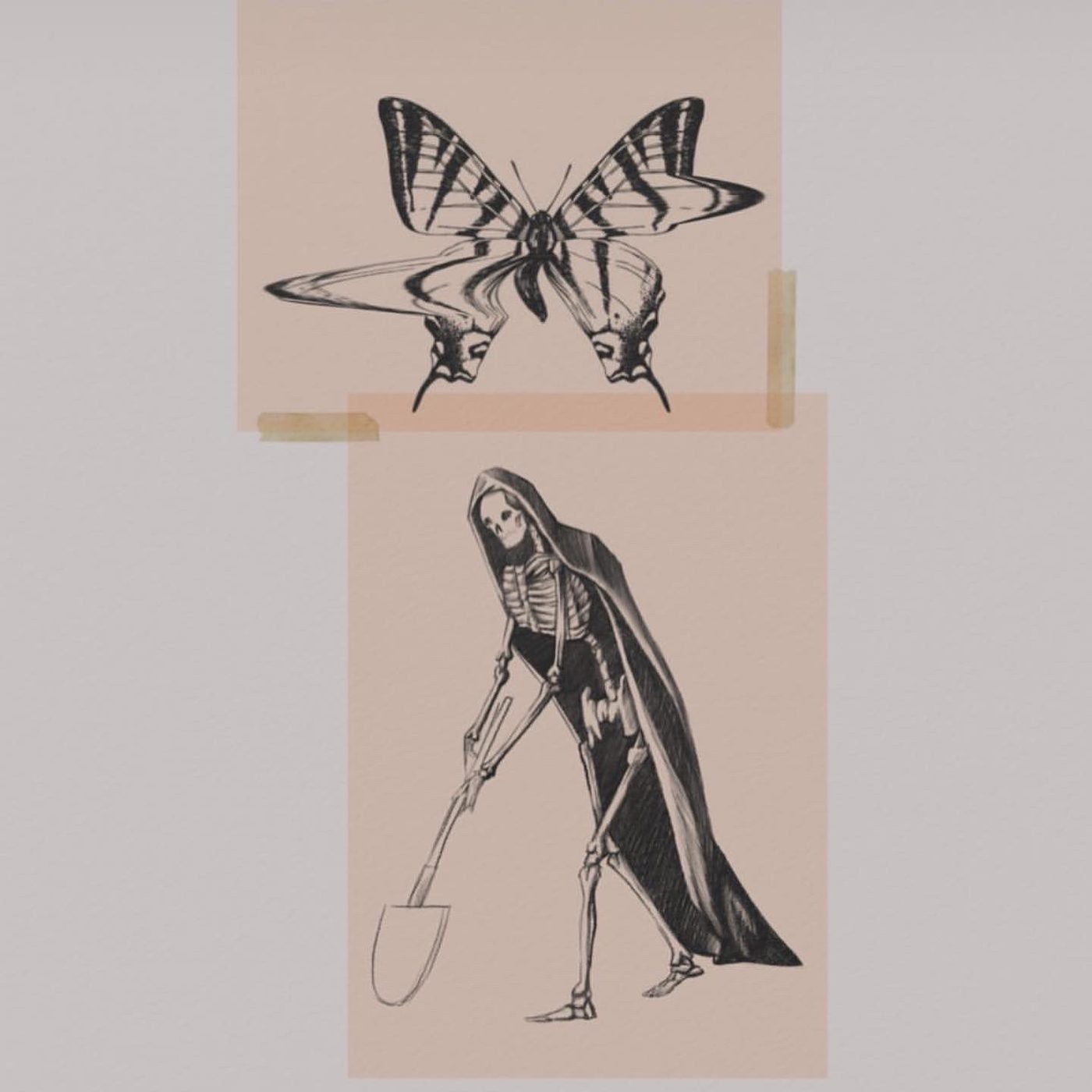 Flash designs of a butterfly and a cloaked skeleton holding a shovel