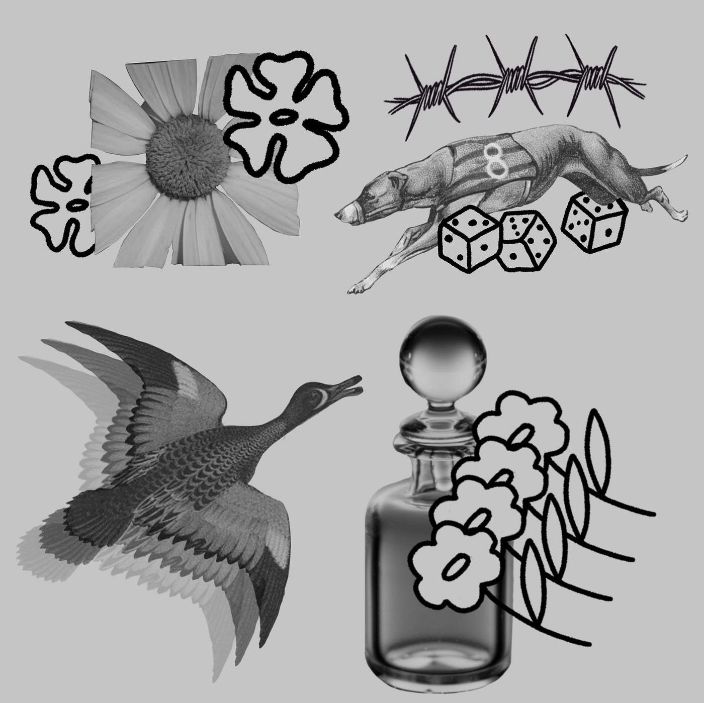 Flash sheet with flowers, a racing dog and dice, a flying bird and a glass bottle